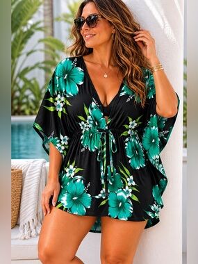 Aloha Fashion Tropical Floral Kaftan Cover Up Black Green One Size